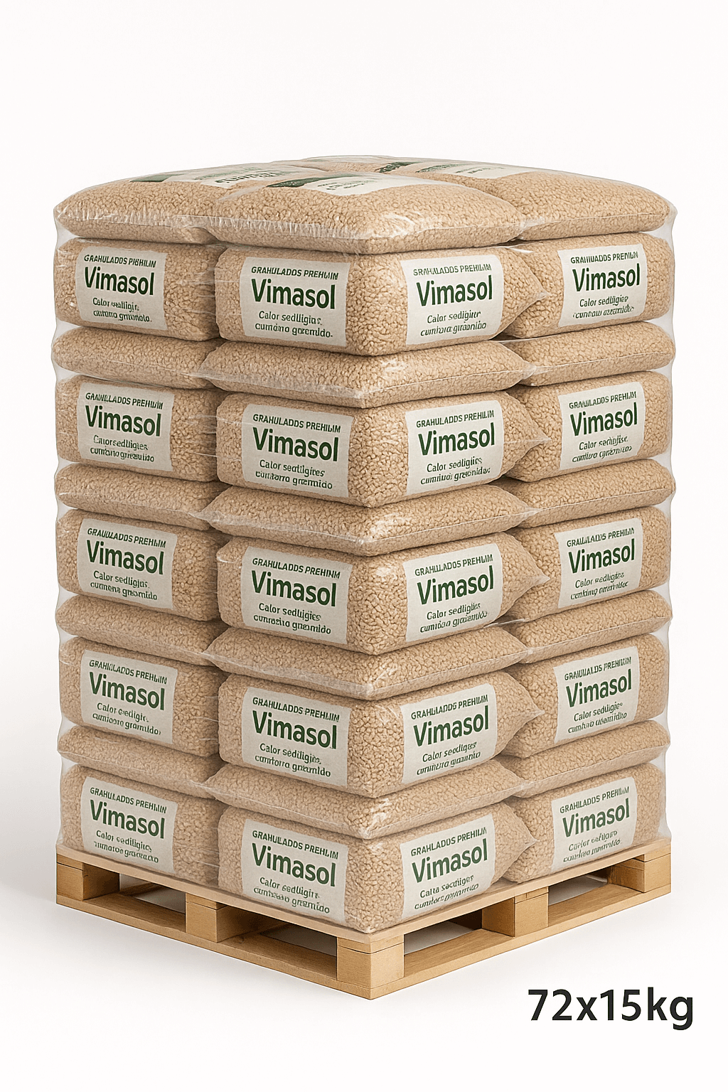 Palete de 72 sacos de Pellets Premium Vimasol, cada um com 15 kg, para aquecimento sustentável.