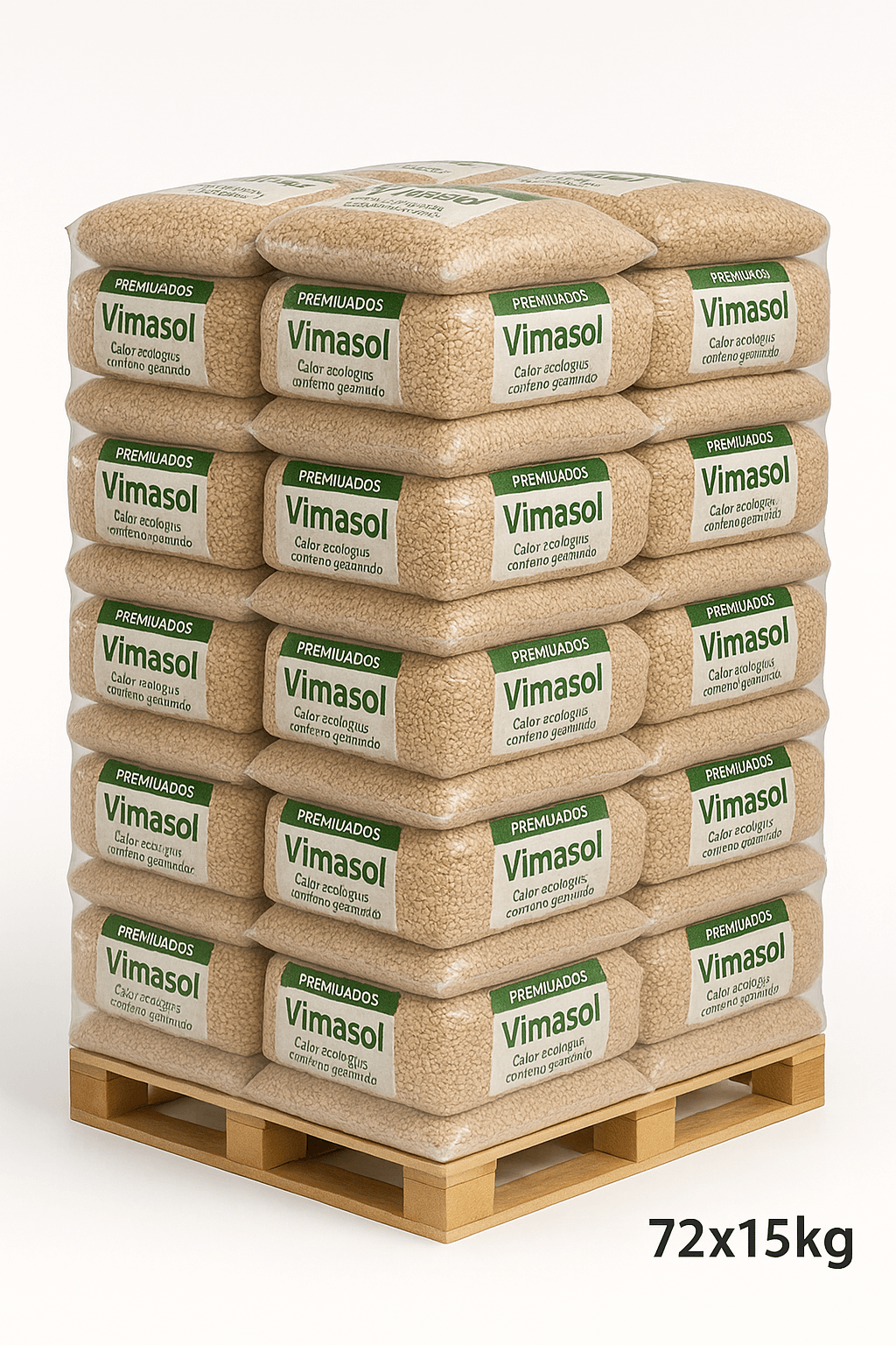 Palete de 72 sacos de Pellets Premium Vimasol, cada saco com 15 kg, ideal para aquecimento eficiente.
