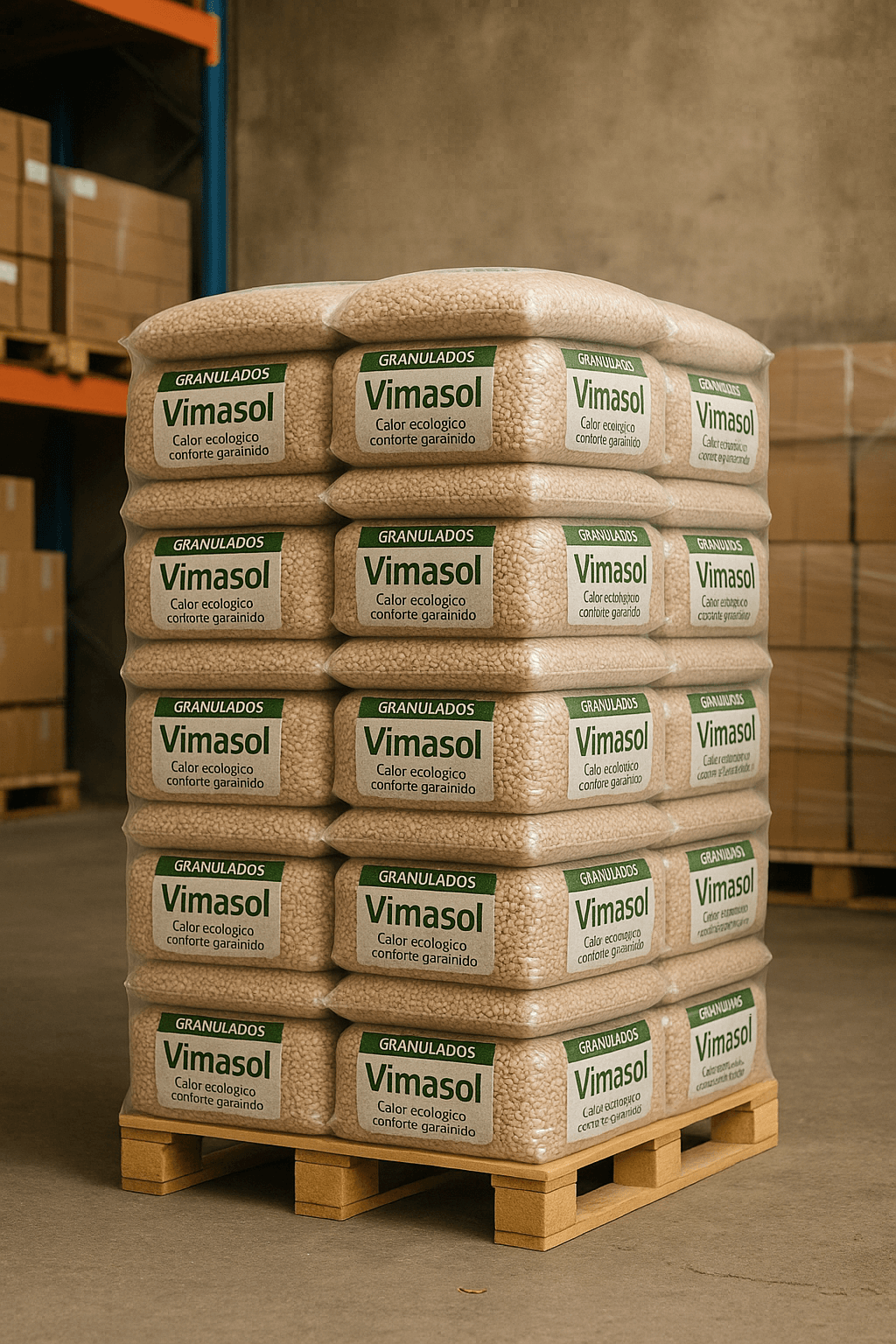 Palete de 72 sacos de pellets Vimasol, ecológicos e sustentáveis, prontos para aquecimento eficiente.