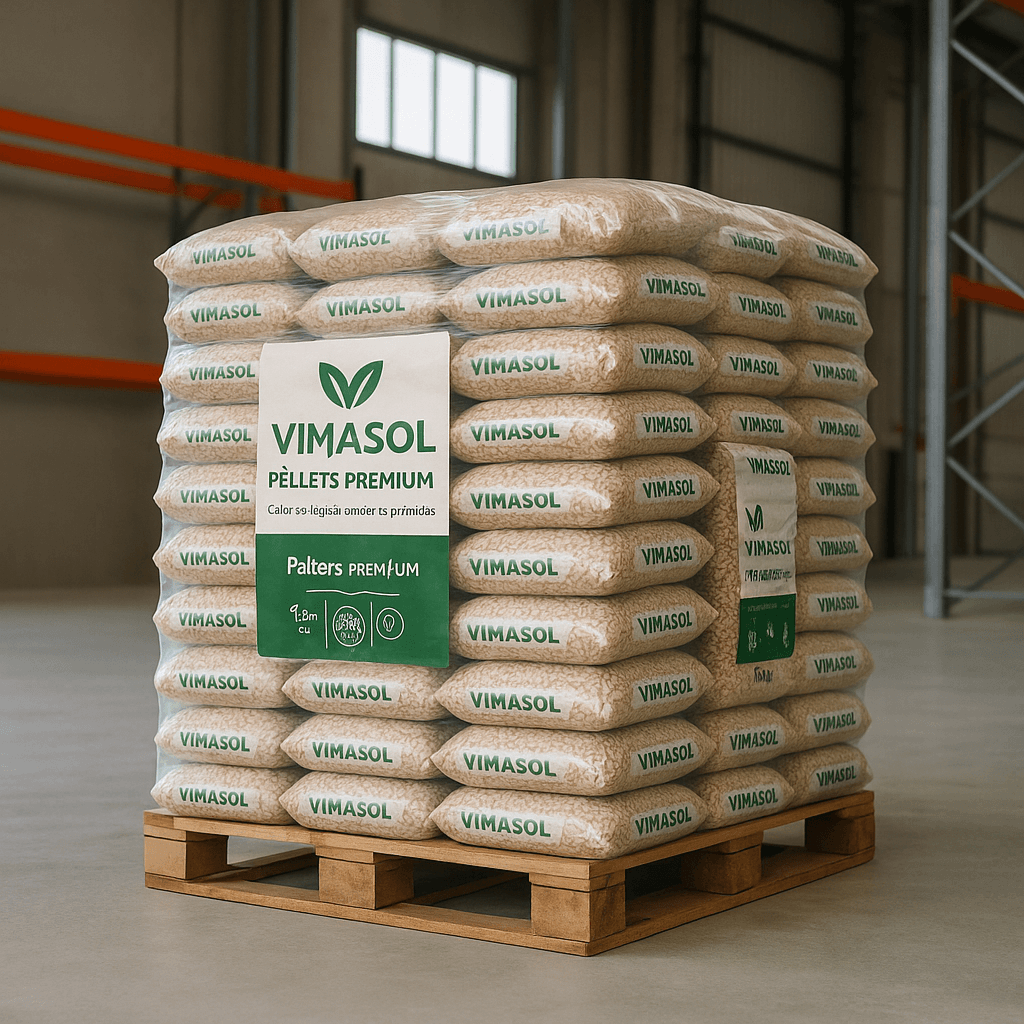 Palete de 72 sacos de pellets Premium Vimasol, cada um com 15 kg, em um ambiente de armazenamento.
