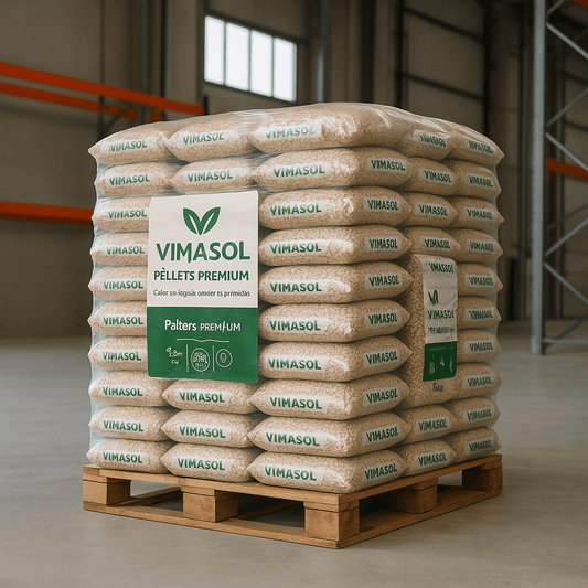 Palete de 72 sacos de pellets Premium Vimasol, cada um com 15 kg, em um ambiente de armazenamento.